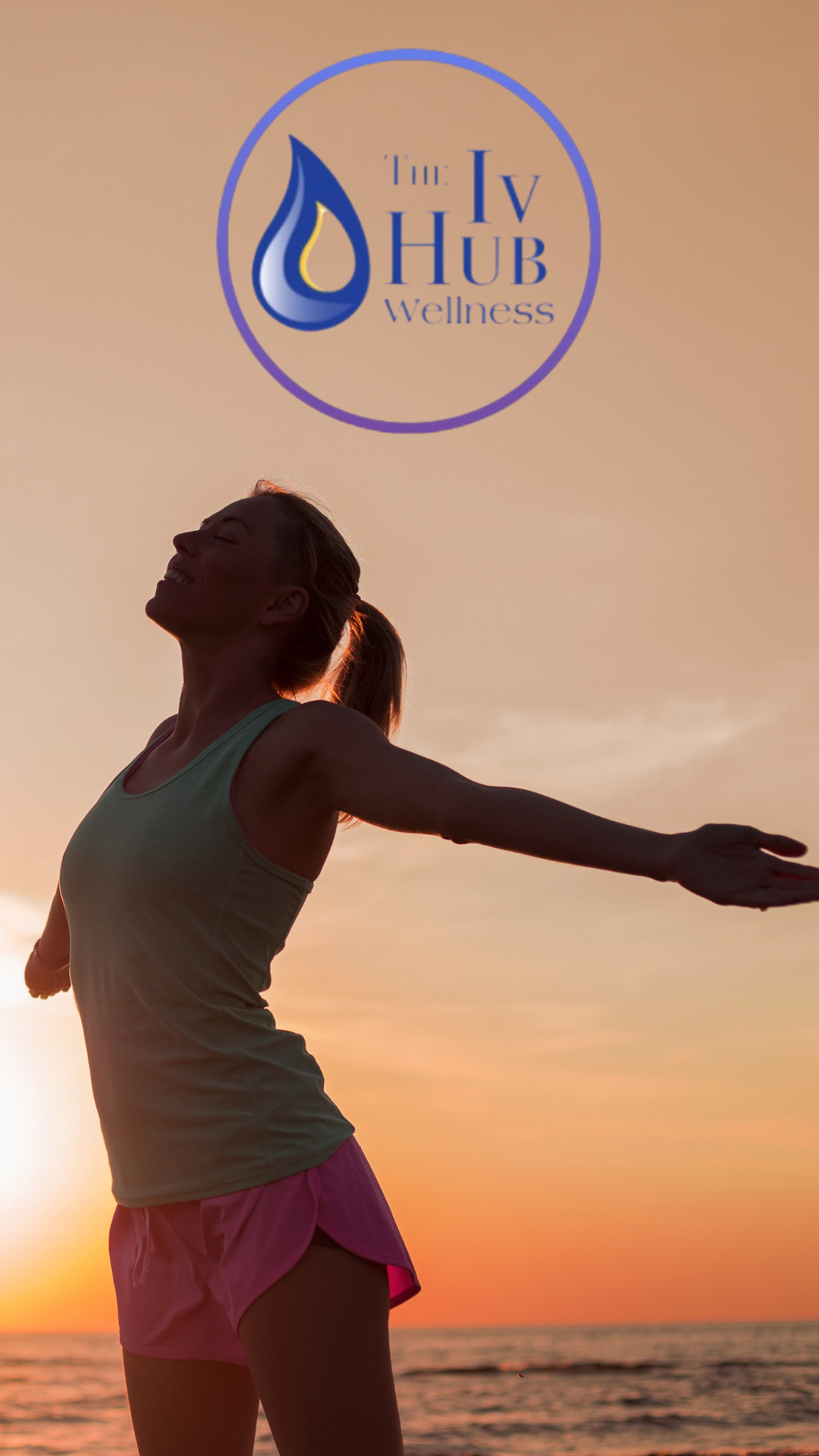 Woman stretching at sunrise beach with wellness logo